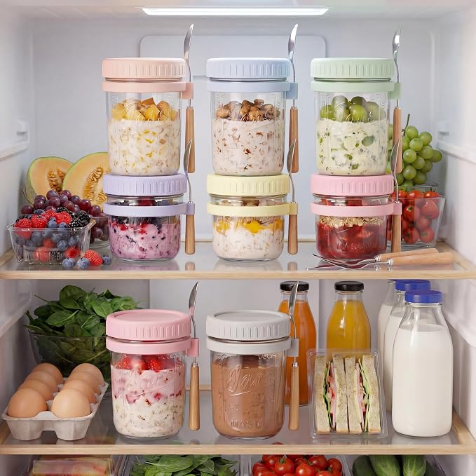 16oz - 2 Pack Overnight Oats Jars with Lids and Spoon, Overnight Oats Container with Lids, Airtigh Oatmeal Containers with Measurement Marks, Wide Mouth Mason Jars for Salad, Cereal - Pink & White