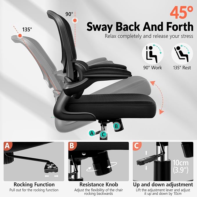Office Chair Ergonomic Desk Chair, Breathable Mesh Comfy Chair with Lumbar Support, Computer Chair, Home Desk Chair with Flip-up Armrests, Gaming Chair for Adults Home Office (Black,10Pack)