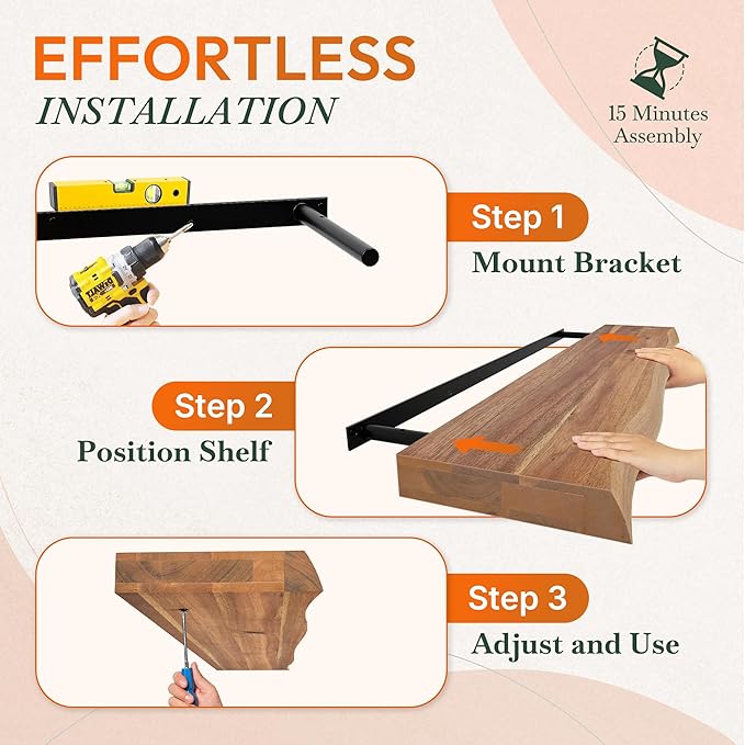 Howizz 36" Acacia Live Edge Floating Shelves Set of 2 - Wall Mounted Wooden Shelf for Stylish Home Décor - Teak Look Color 36x7.5x1.5 Inches
