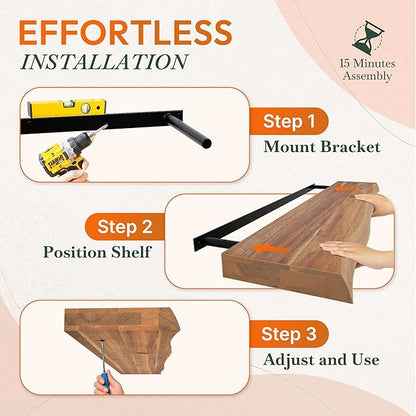 Howizz 36" Acacia Live Edge Floating Shelves Set of 2 - Wall Mounted Wooden Shelf for Stylish Home Décor - Teak Look Color 36x7.5x1.5 Inches