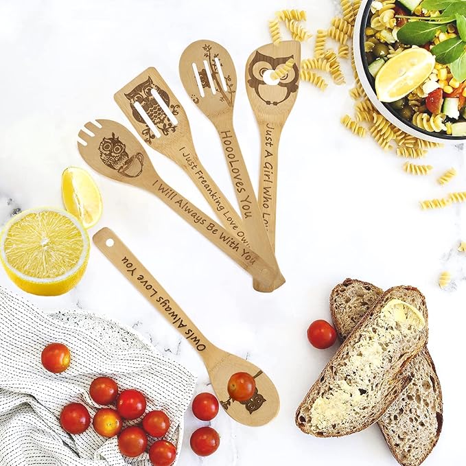 5PCS Owl Wooden Cooking Spoons,Owl Gifts,Owl Kitchen Gifts,Owl Gift,Cat Mom Gifts,Owl Decor,Owl Gifts for Owl Lovers,Owl Gifts for Women,Bamboo Cooking Spoons Housewarming Wedding Cooking
