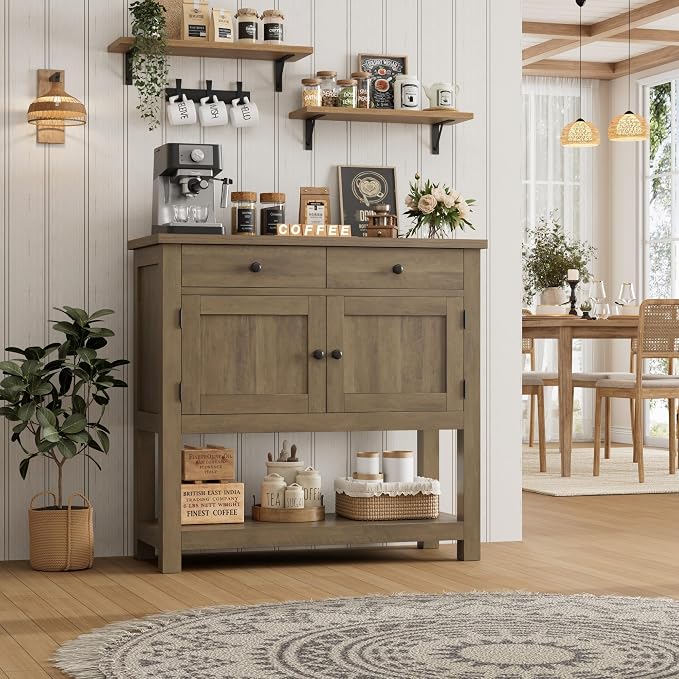 HOSTACK Farmhouse Console Table with 2-Door Cabinet & 2 Drawers, Coffee Bar, Entryway Table with Storage Shelf, Sofa Tables Buffet Sideboard for Kitchen, Hallway, Dining, Living Room, Rustic Brown