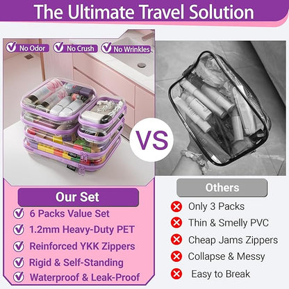YQBRAO 6 Pack Royal Purple Clear Hard Shell Zipper Case, 1.2mm Heavy Duty Art Supply & Cosmetic Bags, Crush-Proof Storage Pouches for Hobbies, Tech & Makeup (2L, 2M, 2S)