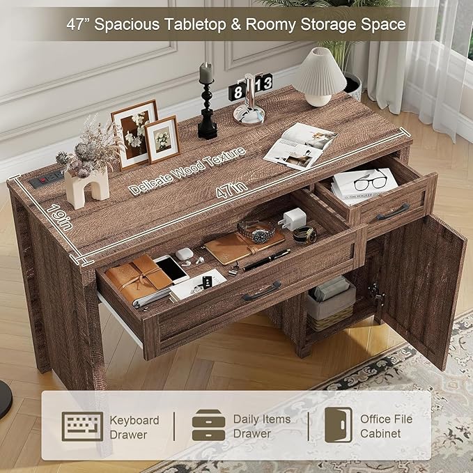 Farmhouse 47" Executive Desk, Computer Desk with Drawers and Storage Cabinet, Workstation Computer Desk for Home Office, Study.Red-Brown