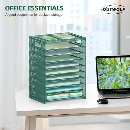 OUTWOLF 10 Tier Paper Organizer - Letter Tray Mesh Desk File Organizer with Handles for Office School Desktop, Green