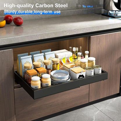 Mustorn 2 Pack Pull Out Cabinet Organizer, Expandable Slide Out Drawers for Kitchen Cabinets Peel and Stick Pullout Drawer Heavy Duty Sliding Shelves for Cupboard, Pantry, Bathroom(16.5" Deep, Black)