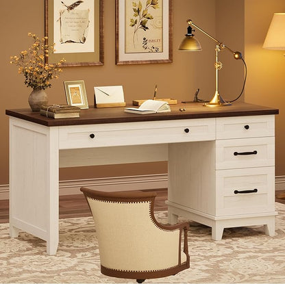 53.5" Executive Desk with Power Outlet, Home Office Desk with Drawers, Wooden Work Desk with File Cabinet, Computer Desk for Work, Study, Writing, White and Brown