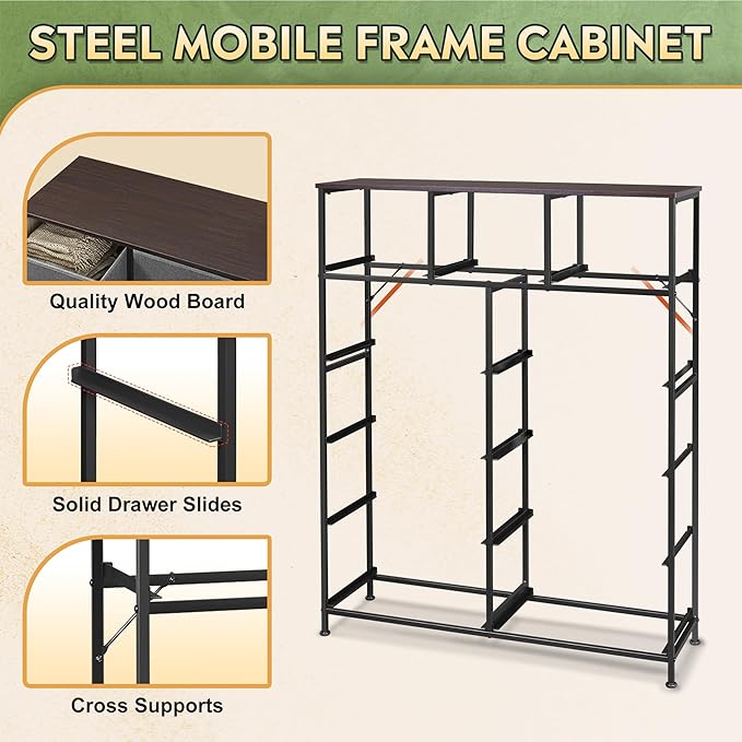 Tall Console Table with 11 Fabric Drawers, Entryway Table with Storage, Tall Storage Organizer with Wood Top, Steel Frame for Living Room, Hallway, Office, Dark Grey