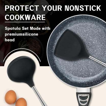 FJNATINH Silicone Spatula - Turner - Ladle - Skimmer Set Wok Utensil Set,Stainless Steel Non Stick Heat-Resistant Cooking Utensils BPA Free Kitchen Tools Cookware Wooden Handle, Pack of 4