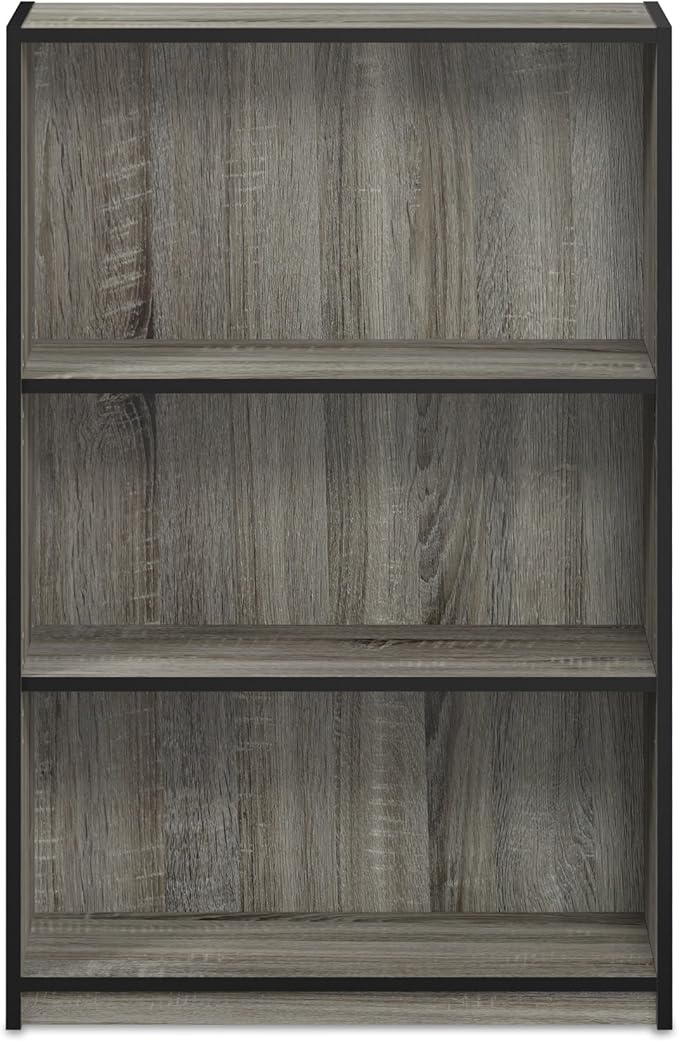 Furinno Jaya Book Shelf, 3-Tier Bookshelf, Bookcase with Adjustable Shelves, 9.5 x 24.5 x 40.3, for Living Room, Bedroom, Home Office, Grey Oak
