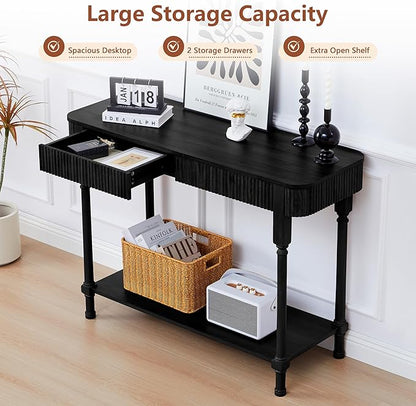 Fluted Console Table for Entryway, 43.3'' Narrow Entryway Tables with 2 Wooden Drawers, Retro Sofa Table Slim Behind Couch Accent Tables for Foyer, Living Room, Hallway (Black)