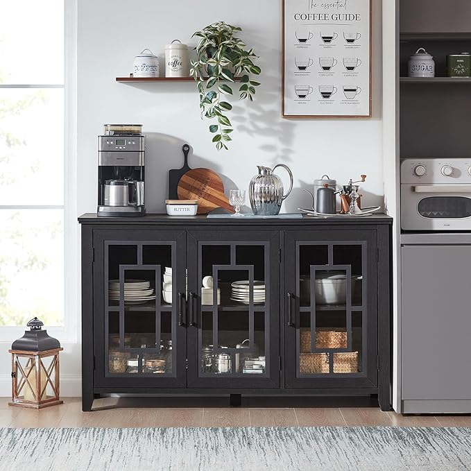 Large Sideboard Buffet Cabinet with Storage, 55" Farmhouse Black Kitchen Coffee Wine Bar Cabinet with 3 Glass Doors, Wood Mid Century Modern Side Board Table for Dining Room, Living Room
