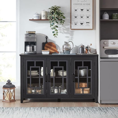 Large Sideboard Buffet Cabinet with Storage, 55" Farmhouse Black Kitchen Coffee Wine Bar Cabinet with 3 Glass Doors, Wood Mid Century Modern Side Board Table for Dining Room, Living Room