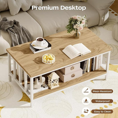 Coffee Table for Living Room with Slatted Sides Frame, Modern Farmhouse Living Room Table with 2-Tier Storage Shelf for Home Office, Apartment, 39 inch, Light Coffee