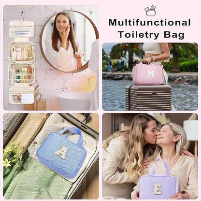 TOPEAST Hanging Toiletry Bag for Women - Travel Initial Toiletry Bag, Portable Toiletries Makeup Pouch, Airplane Travel Essentials - Letter P, Pink