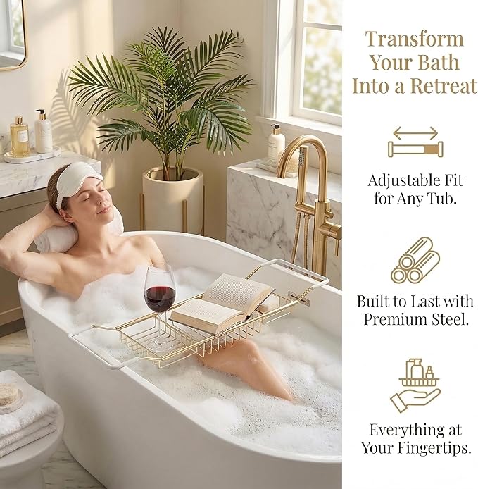 Cabilock Luxury Stainless Steel Bathtub Caddy Tray - 24.8in Expandable Modern Bath Rack for Tub with Wine Glass & Book Holder - Rustproof Shower Organizer & Tablet Stand for Home Spa, Gold