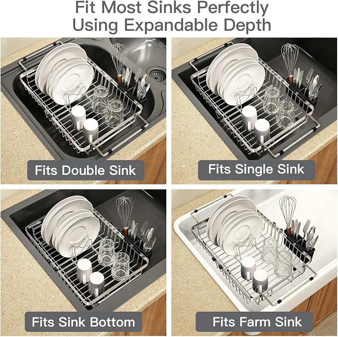 MAJALiS Dish Drying Rack Over The Sink, Expandable Stainless Steel Dish Drainer for Small Kitchen Counter Space Saving, RV Compact Plate Strainer In Silver Metal with Hanging Adjustable Utensil Holder