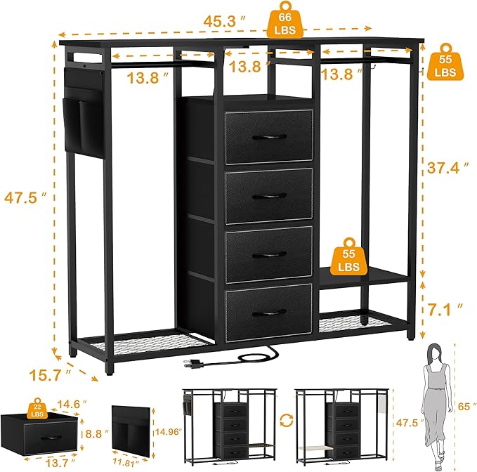 Dresser with Hanging Clothes Rack, 4 Drawers Dresser for Bedroom with LED Lights and Charging Station, Fabric Storage Chest of Drawers for Closet with Clothes Rack Bedroom Kid’s Room, Metal, Black