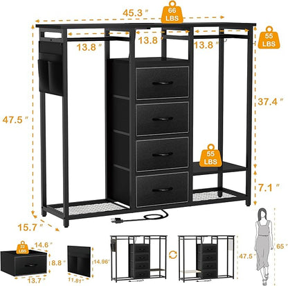 Dresser with Hanging Clothes Rack, 4 Drawers Dresser for Bedroom with LED Lights and Charging Station, Fabric Storage Chest of Drawers for Closet with Clothes Rack Bedroom Kid’s Room, Metal, Black