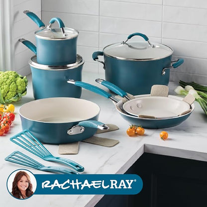 Rachael Ray Cucina Ceramic Cookware Set - 13 Pieces - Ceramic Pots and Pans Set w/Nonstick Frying Pans, Saute Pan, Saucepans, Stockpot, Lids, Pan Protectors - Marine Blue