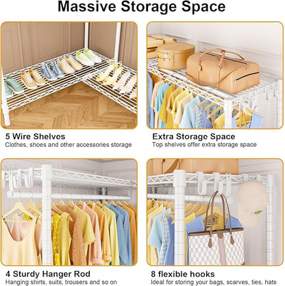 E15 Pro Garment Rack L Shaped Clothes Rack for Corner，Freestanding Clothing Racks for Hanging Clothes，Heavy Duty Closet System with 4 Hanging Rods & 8 S Hooks，48.8"W x 15.8"D x 78.4"H，White