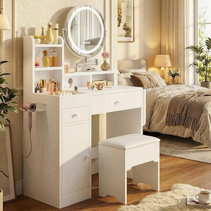 IRONCK Vanity Desk with 360° Rotating LED Mirror & Power Outlet, Makeup Vanity with 6 Slot Compartments & Storage Stool & Hairdryer Rack, White Dressing Table with Drop Leaf for Girls Women Bedroom