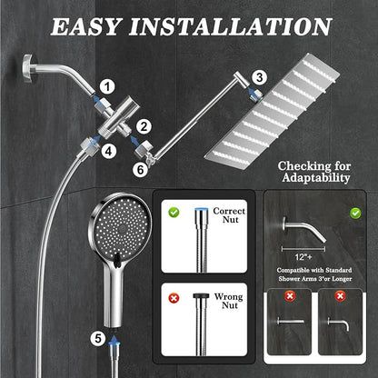 12 Inch Shower Head, Rain Shower Head with Adustable Extension Arm, Detachable Silver Rina Shower Head with Handheld Spray, High Pressure Shower Hose with Holder in Bathroom(Silver)