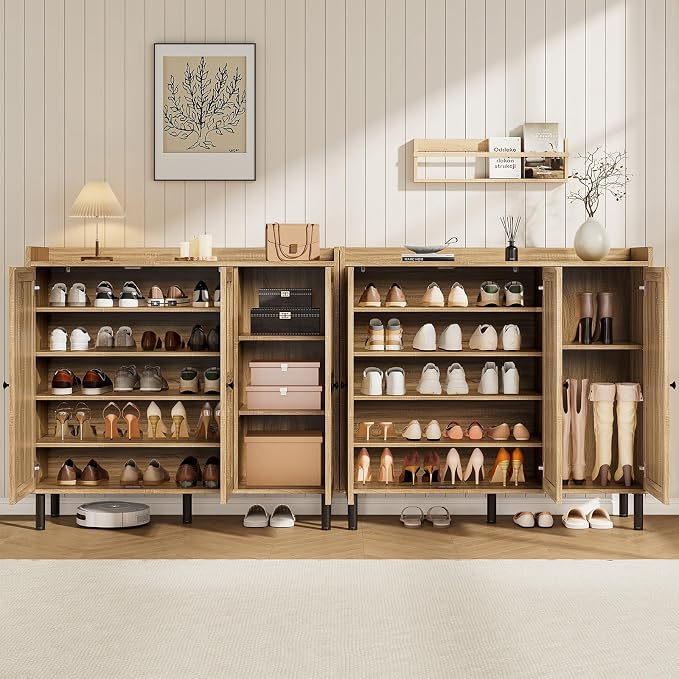 ONBRILL Shoe Cabinet with 3 Doors and Adjustable Shelves, 30 Pairs Shoe Storage Cabinet, 40 Inch Tall Farmhouse Shoe Rack Shoe Organizer Cabinet for Entryway Living Room Closet, Natural Oak