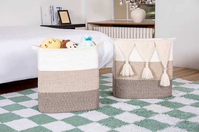 Laughbird Storage Baskets for Clothes Fabric Cotton Rope Storage Basket with Handles, Decorative Woven Basket for Living Room,Closet Organizer Blankets, and 2bags (Gradient Brown, L17.8×W12.5×H17.9)
