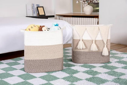 Laughbird Storage Baskets for Clothes Fabric Cotton Rope Storage Basket with Handles, Decorative Woven Basket for Living Room,Closet Organizer Blankets, and 2bags (Gradient Brown, L17.8×W12.5×H17.9)