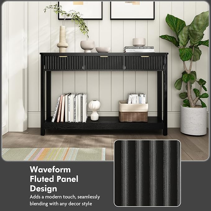 Fluted Console Table with Drawers, Modern 47.1" Entryway Table with Storage Shelf, Boho Narrow Skinny Behind Couch Wood Sofa Table for Living Room Hallway Entrance Foyer, Black