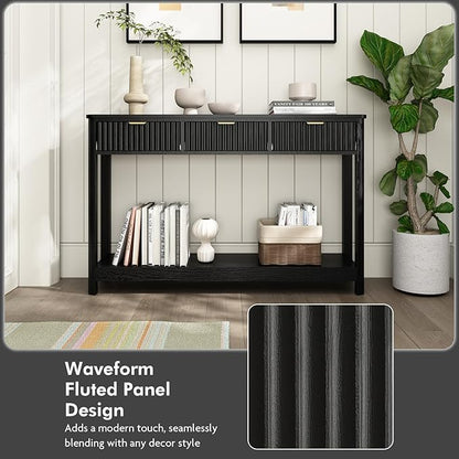 Fluted Console Table with Drawers, Modern 47.1" Entryway Table with Storage Shelf, Boho Narrow Skinny Behind Couch Wood Sofa Table for Living Room Hallway Entrance Foyer, Black