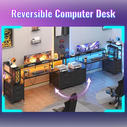 63" Gaming Desk with LED Lights & Outlets, Reversible Computer Desk with 5 Drawers & Printer Shelf, Gamer Desk Table with Storage Shelves & Monitor Stand, Black