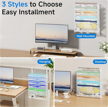 Lavatino 6-Tier Hanging File Organizer, Wall Mount File Holder for Mails Folders Papers Magazine Organization, Vertical Document Organizer for Office Home - (White)