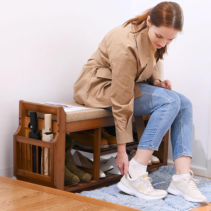 Shoe Bench with Hidden Drawer and Side Holder, 2 Tier Entryway Bench with Storage 39.4 in, Bamboo Shoe Rack with Cushion for Entryway Hallway Living Room Bedroom