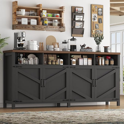 63'' Buffet Sideboard with Storage Farmhouse with 4 Doors, Large Kitchen Storage Cabinet Wood Coffee Bar Cabinet Buffet Table with Shelves for Kitchen, Dining Room, Entryway