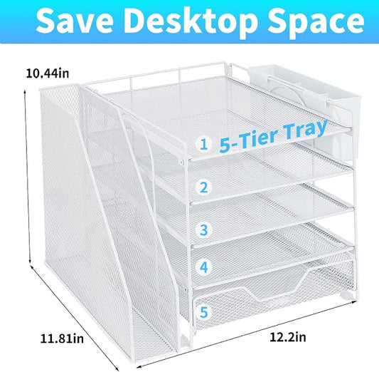 Desk Organizers and Accessories, 5-Tier Paper Letter Tray Organizer with File Holder, Drawer & Pen Holder, Office Desk Accessories, Desktop Organizer for Classroom Office Supplies, White