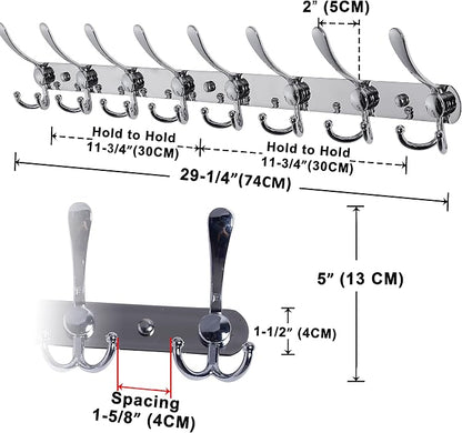 Dseap Coat Rack Wall Mount - 29.5” Long 8-Tri-Hooks Heavy Duty Coat Hanger Rail Wall Hooks for Hanging Coats Hats Clothing Clothes Purse Mudroom Entryway, Chromed, Pack of 2