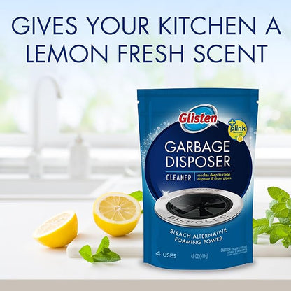 Glisten Garbage Disposal Cleaner and Odor Eliminator with Foaming Action, Removes Buildup and Cleans, Lemon Scent - 4 Uses, 2 Pack