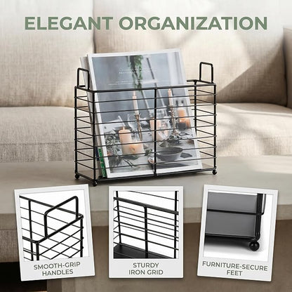 Noamus Metal Magazine Rack, Newspaper Book Tablet Storage Basket, File Holder Mail Organizer Bin with Handles, Iron Wire Black Folder Stand Holder for Home Office Bathroom Bedroom Den Living Room
