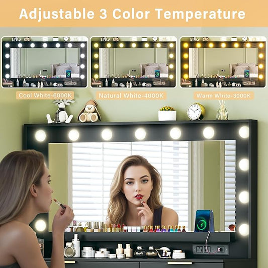 Vanity Desk with Mirror and Lights, 39.3in Makeup Vanity Desk with 5 Storage Drawers & Power Outlet, Vanity with Large Mirror, 3 Color Lights Adjustable for Bedroom, Black