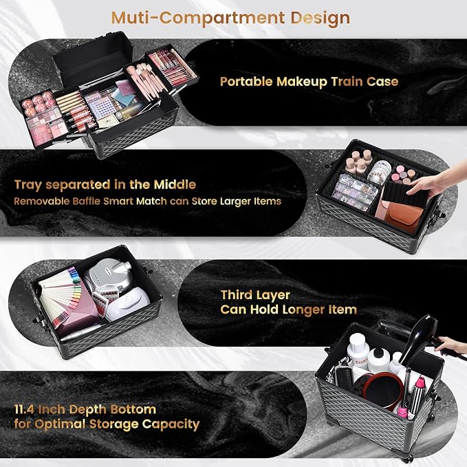 Stagaint Rolling Makeup Case 4 IN 1 Cosmetology Case on Wheels Salon Case | Makeup Organizer Box with Wheels Cosmetic Travel Case Nail Tech Storage Traveling Trunk Box All-Black Diamond