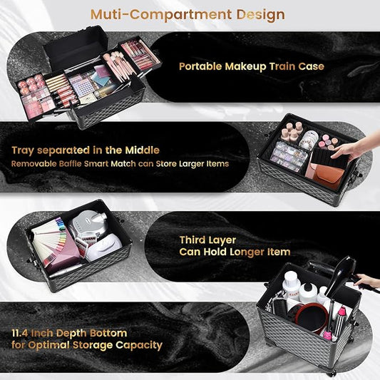 Stagaint Rolling Makeup Case 4 IN 1 Cosmetology Case on Wheels Salon Case | Makeup Organizer Box with Wheels Cosmetic Travel Case Nail Tech Storage Traveling Trunk Box All-Black Diamond