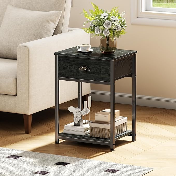 Furologee Nightstand with Fabric Drawer & Storage Shelf, Small Side Table for Small Space, 2 Tiers Industrial End Table for Living Room, Bedroom, Black Oak