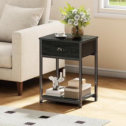 Furologee Nightstand with Fabric Drawer & Storage Shelf, Small Side Table for Small Space, 2 Tiers Industrial End Table for Living Room, Bedroom, Black Oak