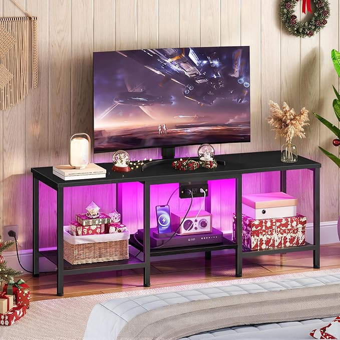 HOOBRO TV Stand with Charging Station to 55 Inches, LED Entertainment Center, Media TV Console Table with Open Storage Shelving for Living Room, Bedroom, Black BB122UDDS01