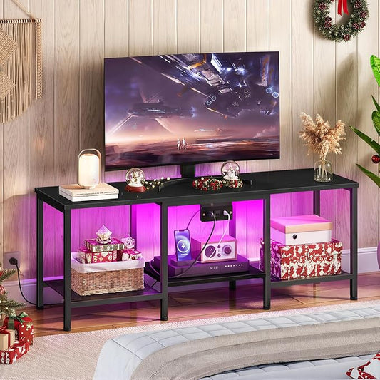 HOOBRO TV Stand with Charging Station to 55 Inches, LED Entertainment Center, Media TV Console Table with Open Storage Shelving for Living Room, Bedroom, Black BB122UDDS01