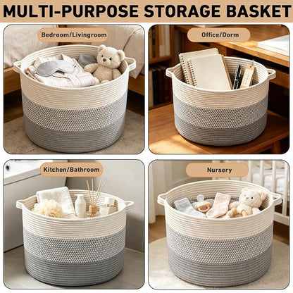 65L Large Blanket Basket,Woven Rope Laundry Basket Hamper with Handles,Decorative Nursery Basket Storage Bin for Toys, Pillows, Clothes Organizer, Living Room, Bedroom, Bathroom, Grey