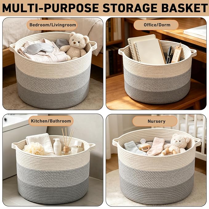 90L Extra Large Blanket Basket,Woven Rope Laundry Basket Hamper with Handles, Decorative Nursery Basket Storage Bin for Toys, Clothes Organizer, Living Room, Bedroom, Bathroom, Grey