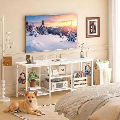 YGEOMER White TV Stand for Up to 50 Inch Tvs, Entertainment Center with Power Outlet and Open Storage Shelves, TV Console Table for Living Room Bedroom